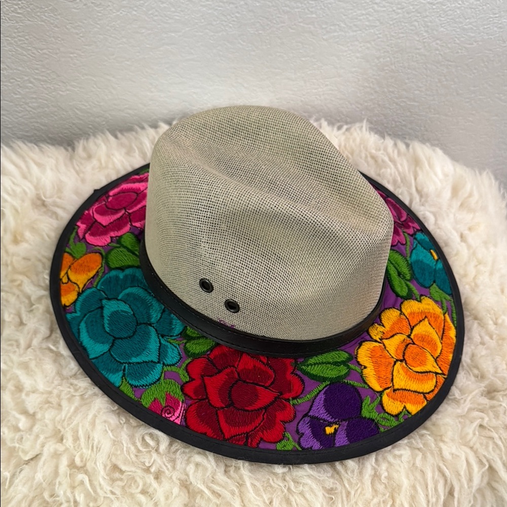 Floral Embroidered Wide Brim Hat